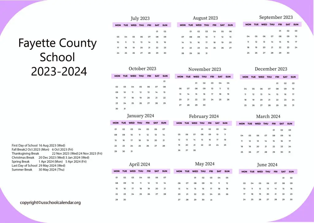 Fayette County School Calendar