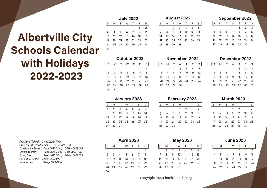 Albertville City Schools Calendar with Holidays 2022-2023