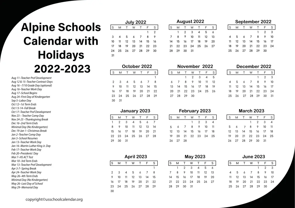 Alpine Schools Calendar with Holidays 2022-2023