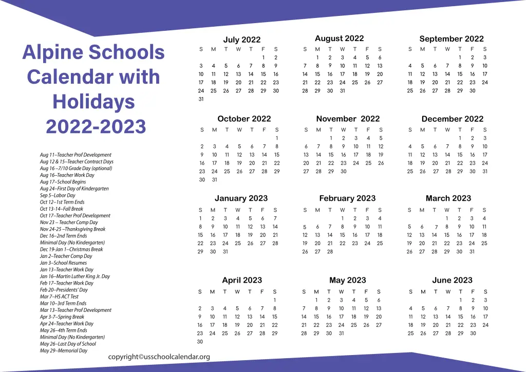 Alpine Schools Calendar with Holidays 2022-2023 3