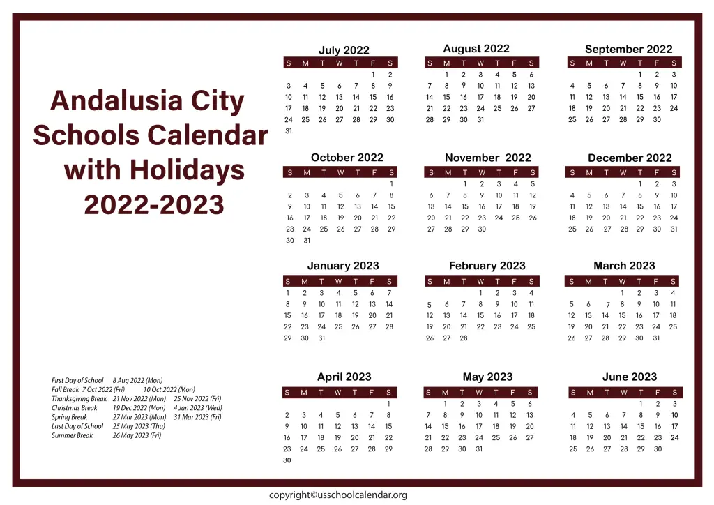 Andalusia City Schools Calendar with Holidays 2022-2023