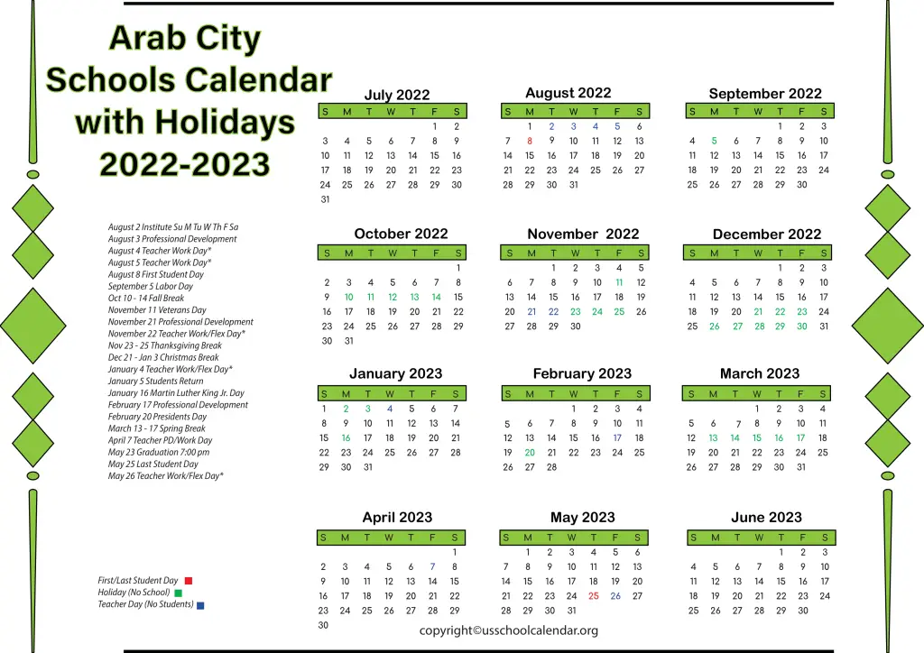 Arab City Schools Calendar with Holidays 2022-2023