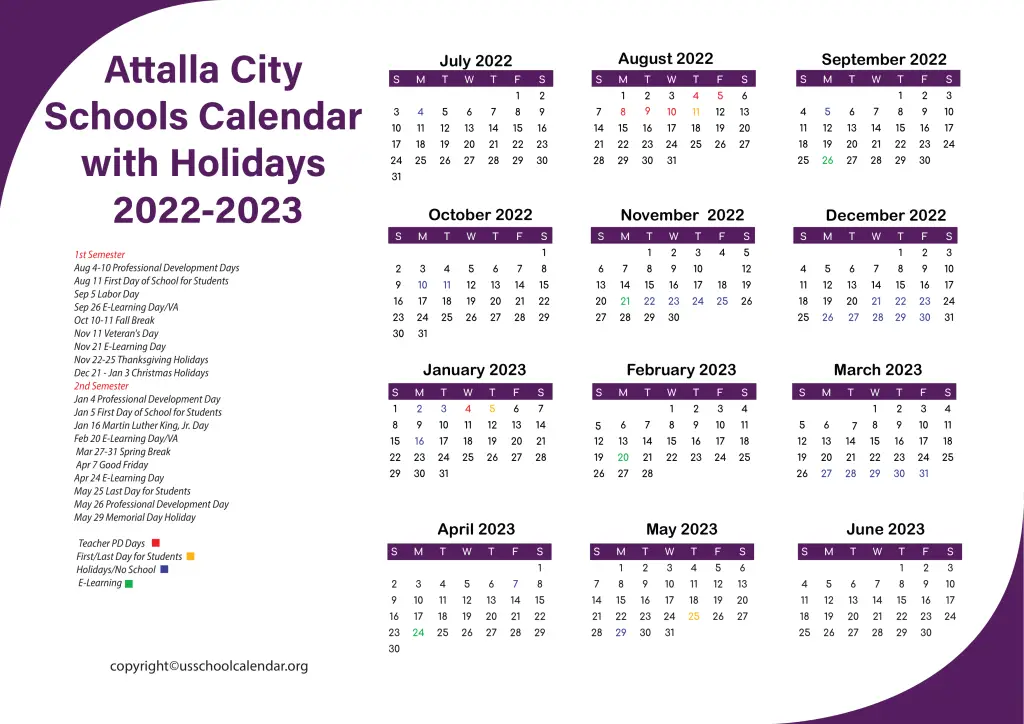 Attalla City Schools Calendar with Holidays 2022-2023 2