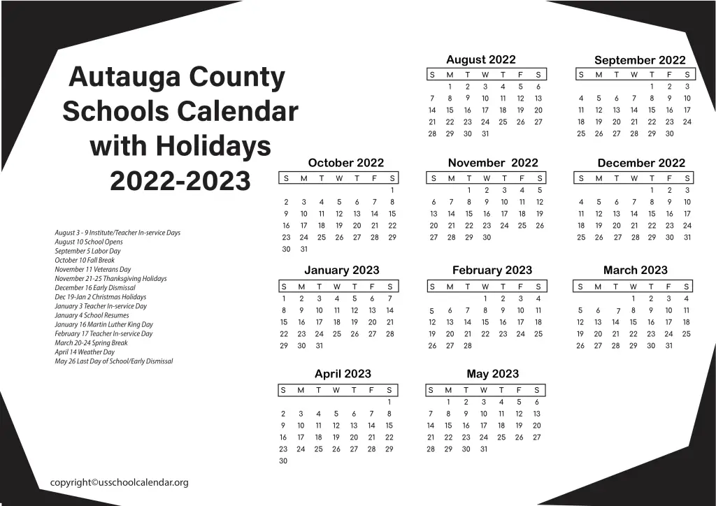 Autauga County Schools Calendar with Holidays 2022-2023