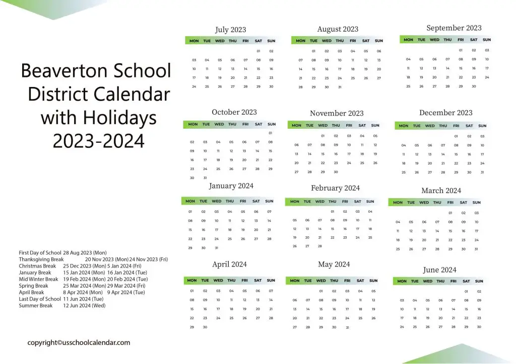 Beaverton Rural Schools Calendar