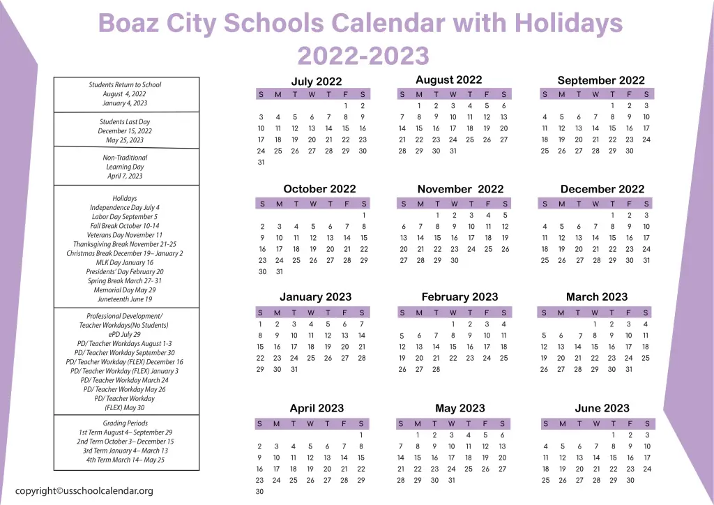 Boaz City Schools Calendar with Holidays 2022-2023