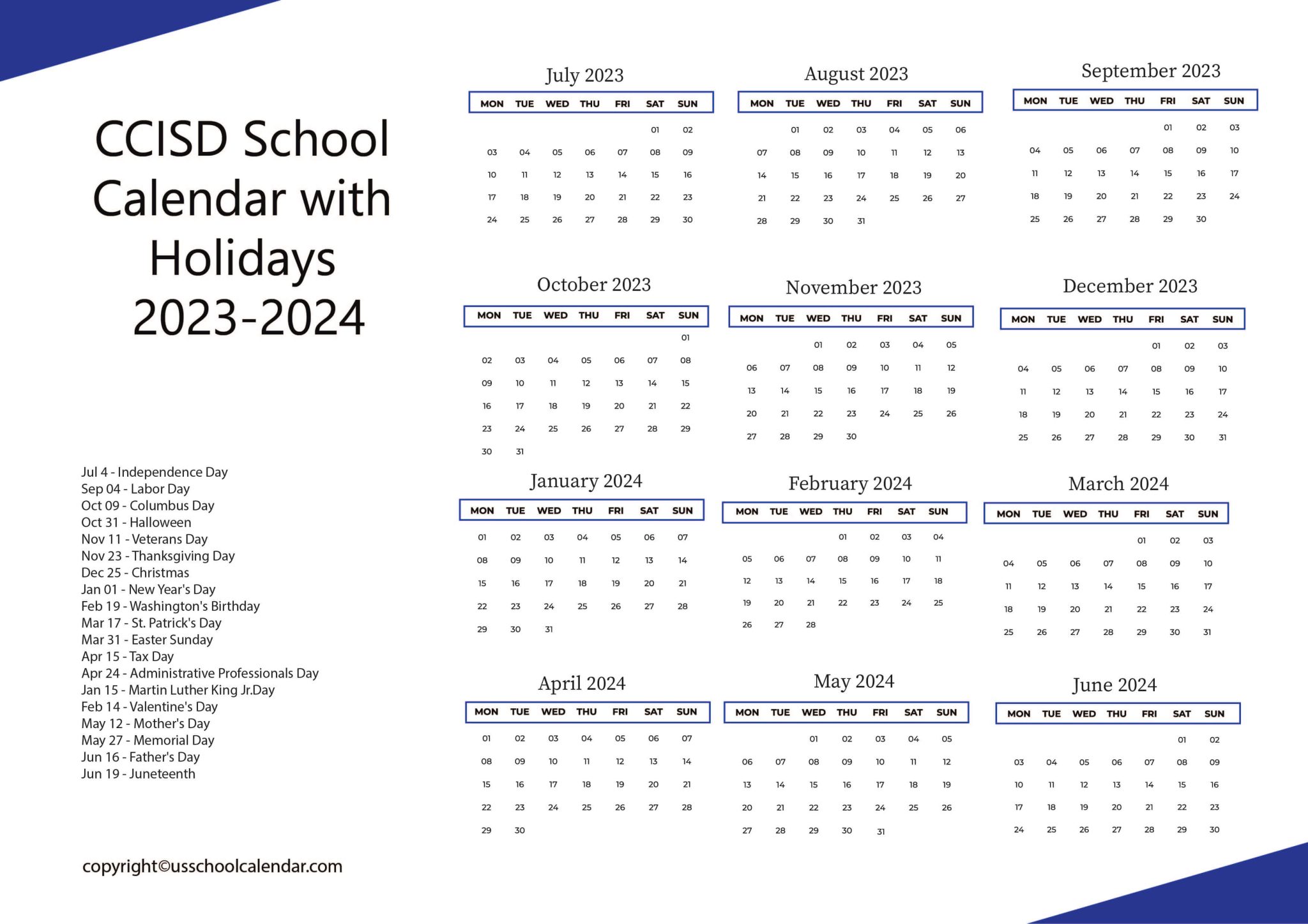 CCISD School Holidays US School Calendar