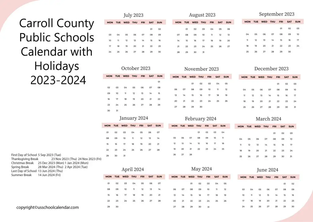 Carroll County Public Schools Holiday Calendar