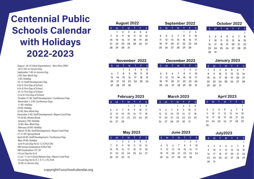 Centennial Public Schools Calendar with Holidays 2022-2023 2