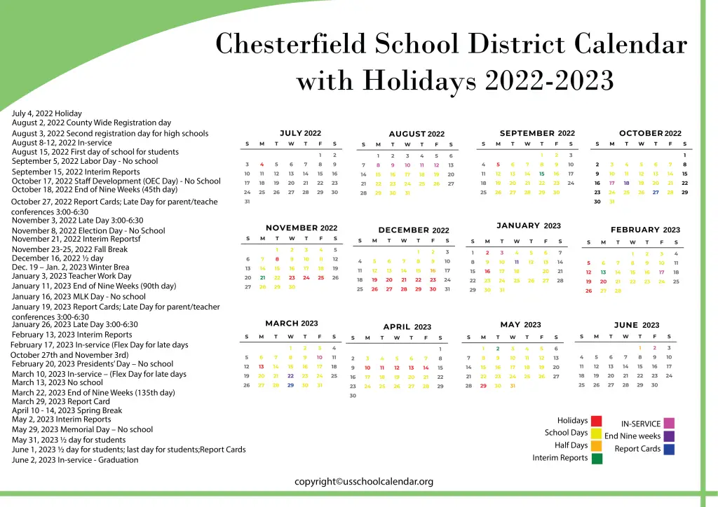 Chesterfield School District Calendar with Holidays 2022-2023 2