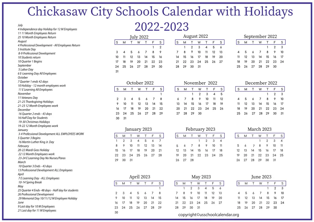 Chickasaw City Schools Calendar with Holidays 2022-2023 3