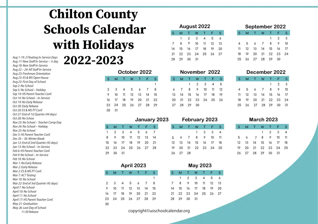 Chilton County Schools Calendar with Holidays 2022-2023 3