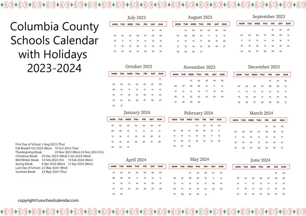 Columbia County Schools Calendar