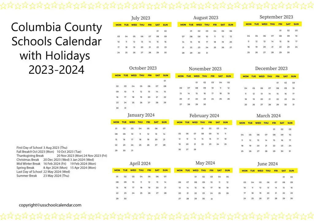 Columbia Schools Calendar