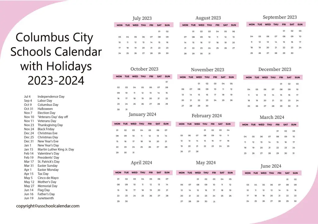 Columbus City Schools Calendar