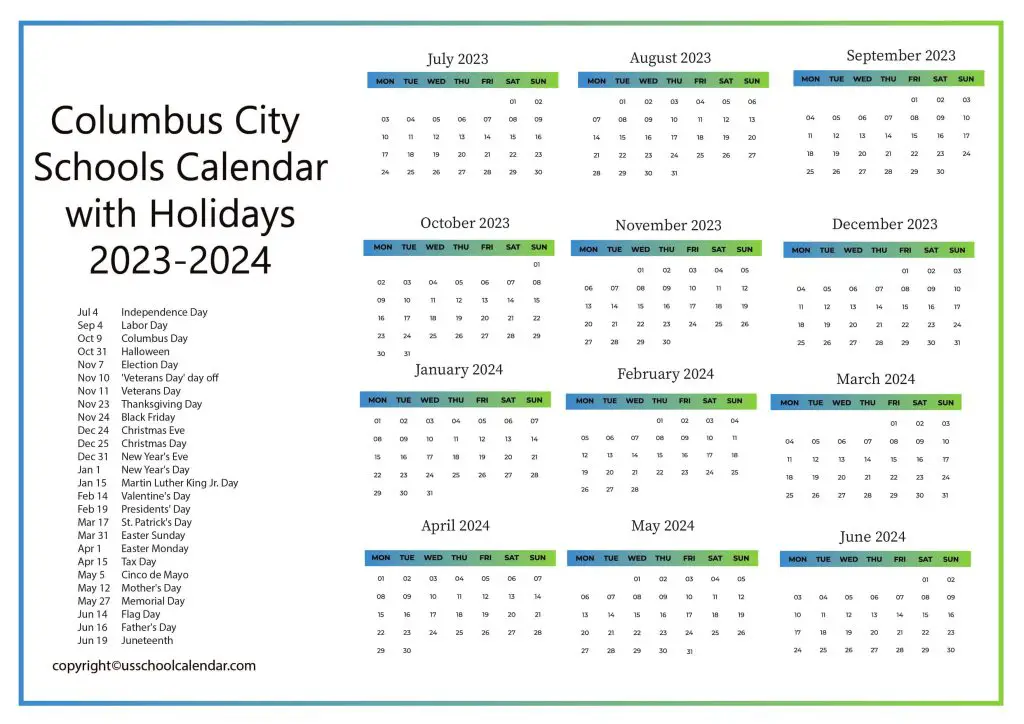 Columbus Public Schools District Calendar