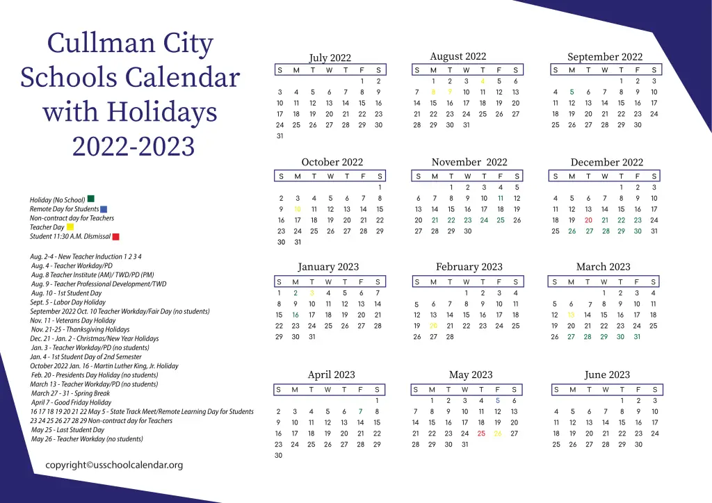 Cullman City Schools Calendar with Holidays 2022-2023 2