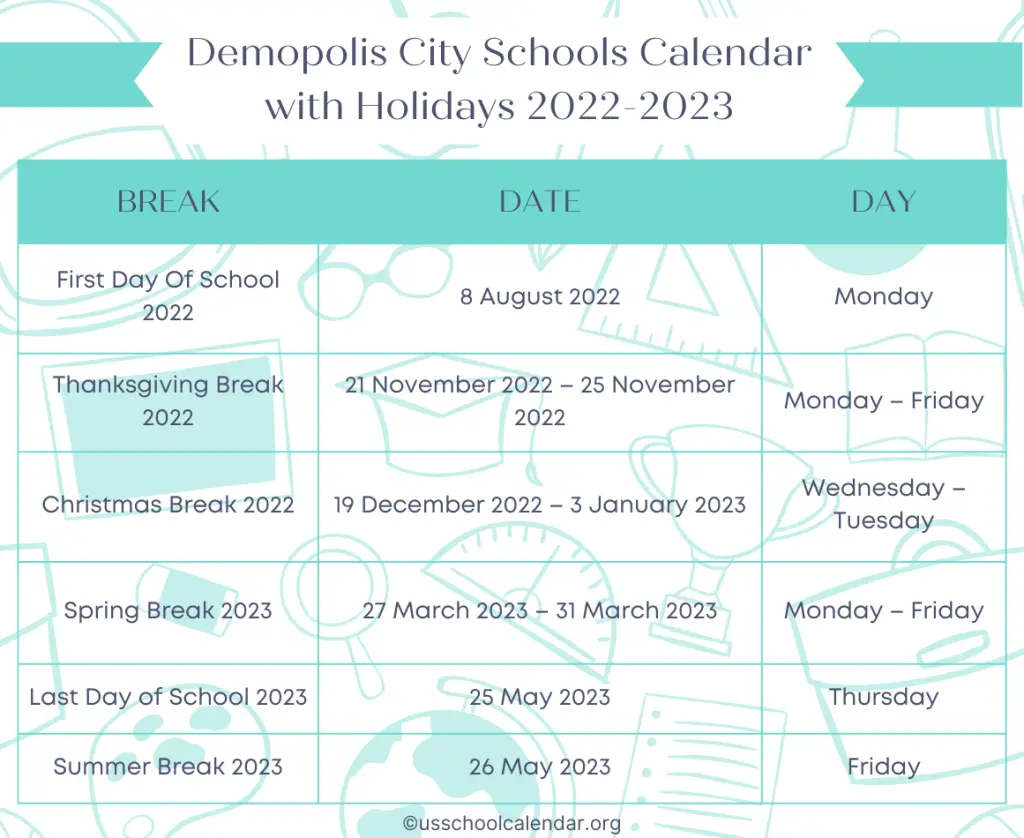 Demopolis City Schools Calendar with Holidays 2022-2023