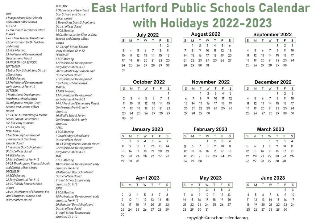 East Hartford Public Schools Calendar with Holidays 2022-2023 2