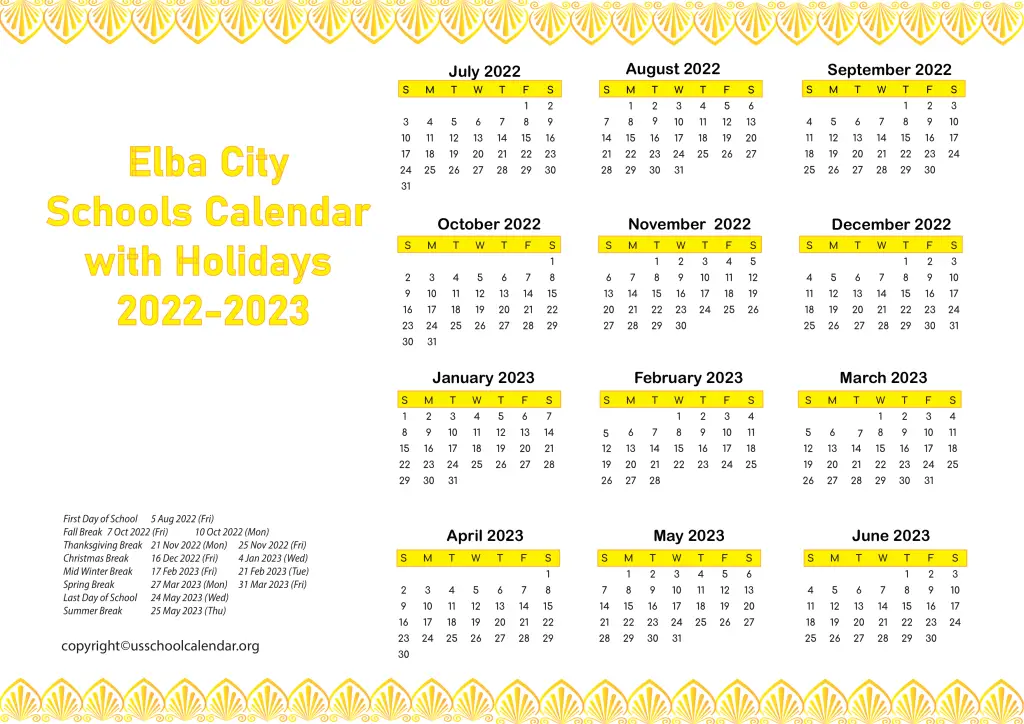 Elba City Schools Calendar with Holidays 2022-2023