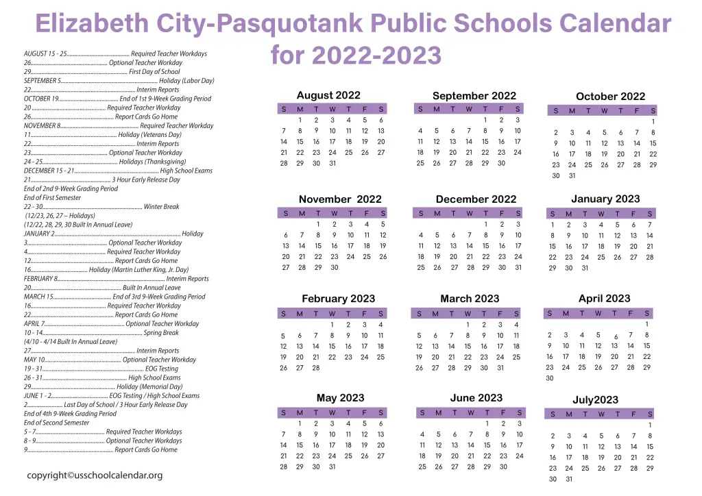 Elizabeth City-Pasquotank Public Schools Calendar for 2022-2023