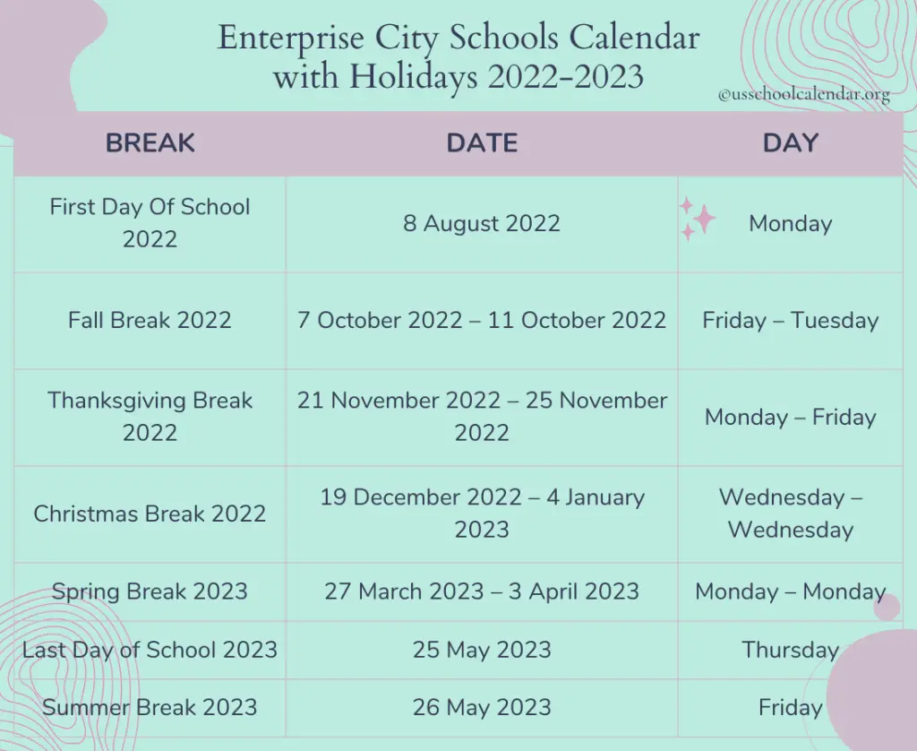 Enterprise City Schools Calendar with Holidays 2022-2023