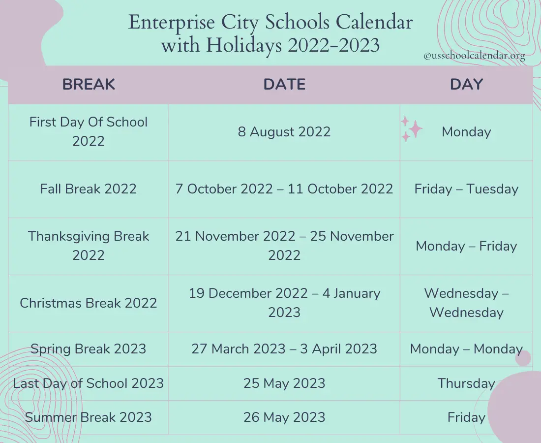Enterprise City Schools Calendar US School Calendar