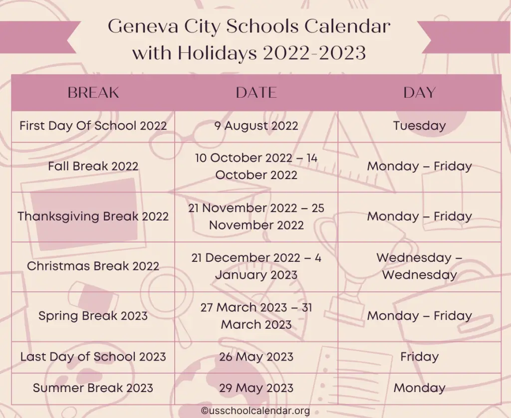 Geneva City Schools Calendar with Holidays 2022-2023