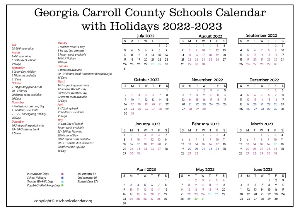 Georgia Carroll County Schools Calendar with Holidays 2022-2023 2