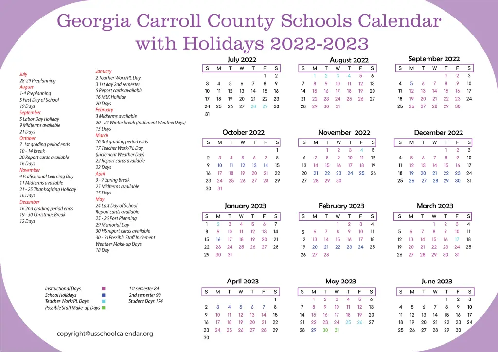 Georgia Carroll County Schools Calendar with Holidays 2022-2023 3