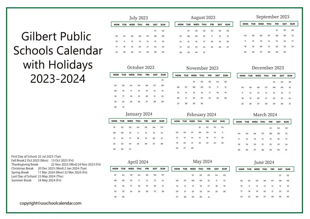 Gilbert Public Schools District Calendar