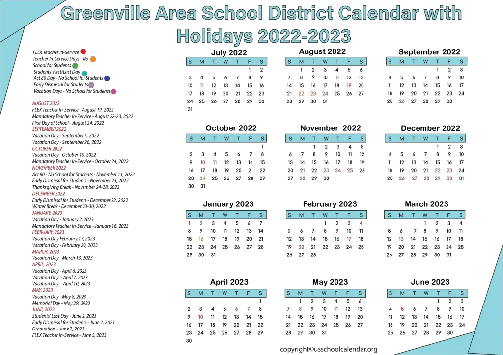 Greenville Area School District Calendar with Holidays 2022-2023 2