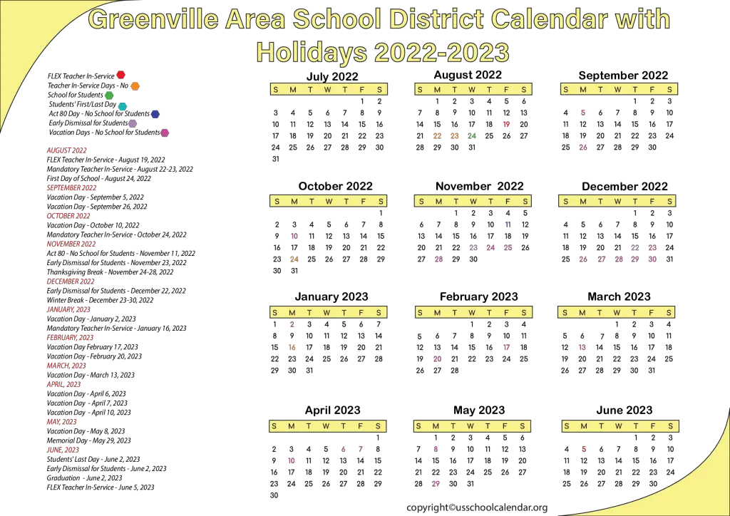 Greenville Area School District Calendar with Holidays 2022-2023 3