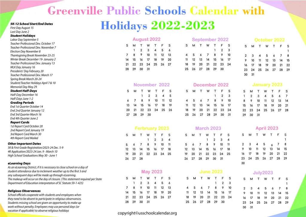 Greenville Public Schools Calendar with Holidays 2022-2023