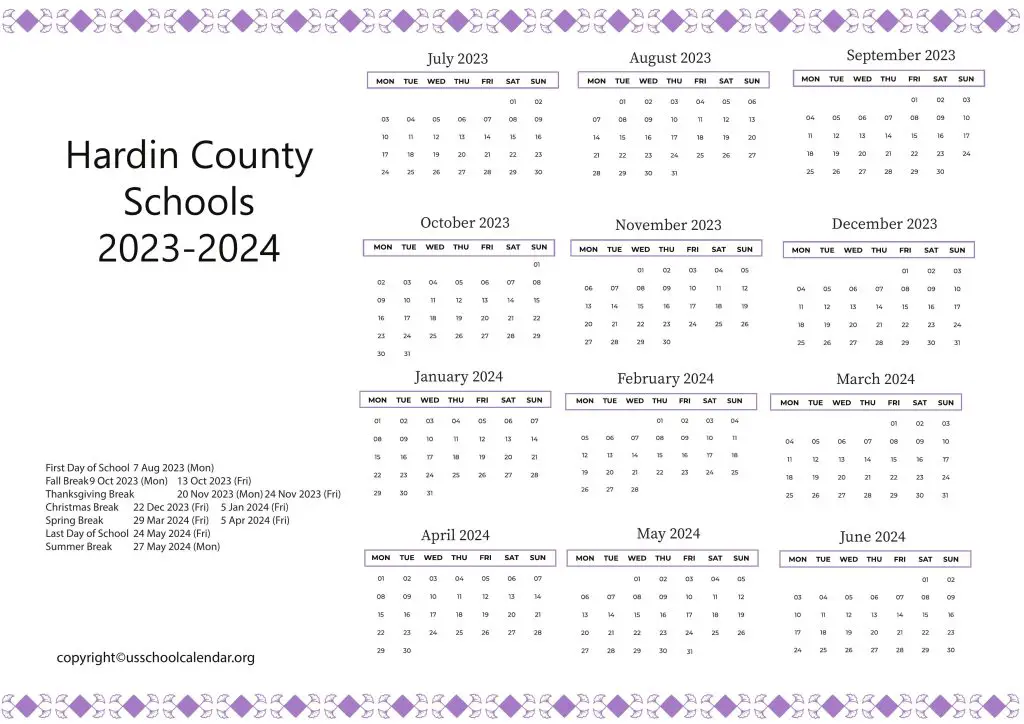 Hardin County School District Calendar