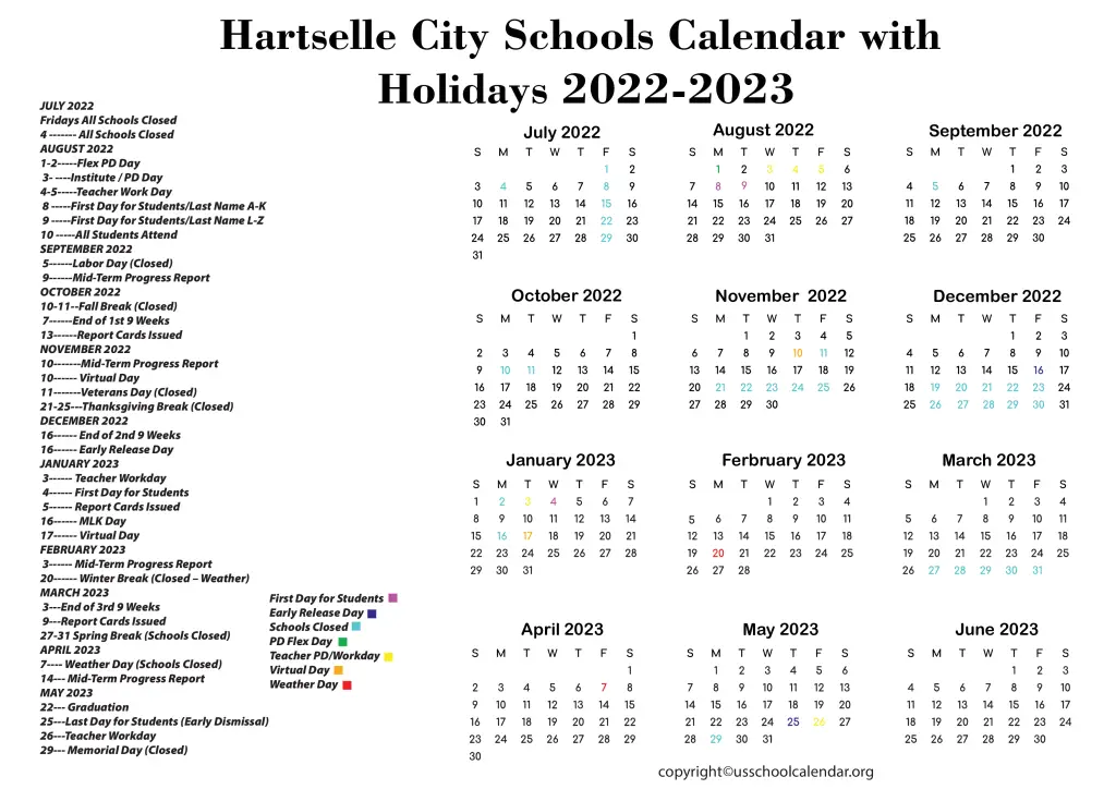 Hartselle City Schools Calendar with Holidays 2022-2023 2