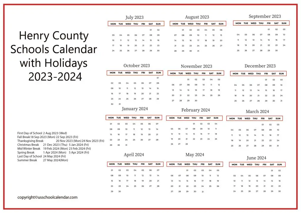 Henry County School Calendar