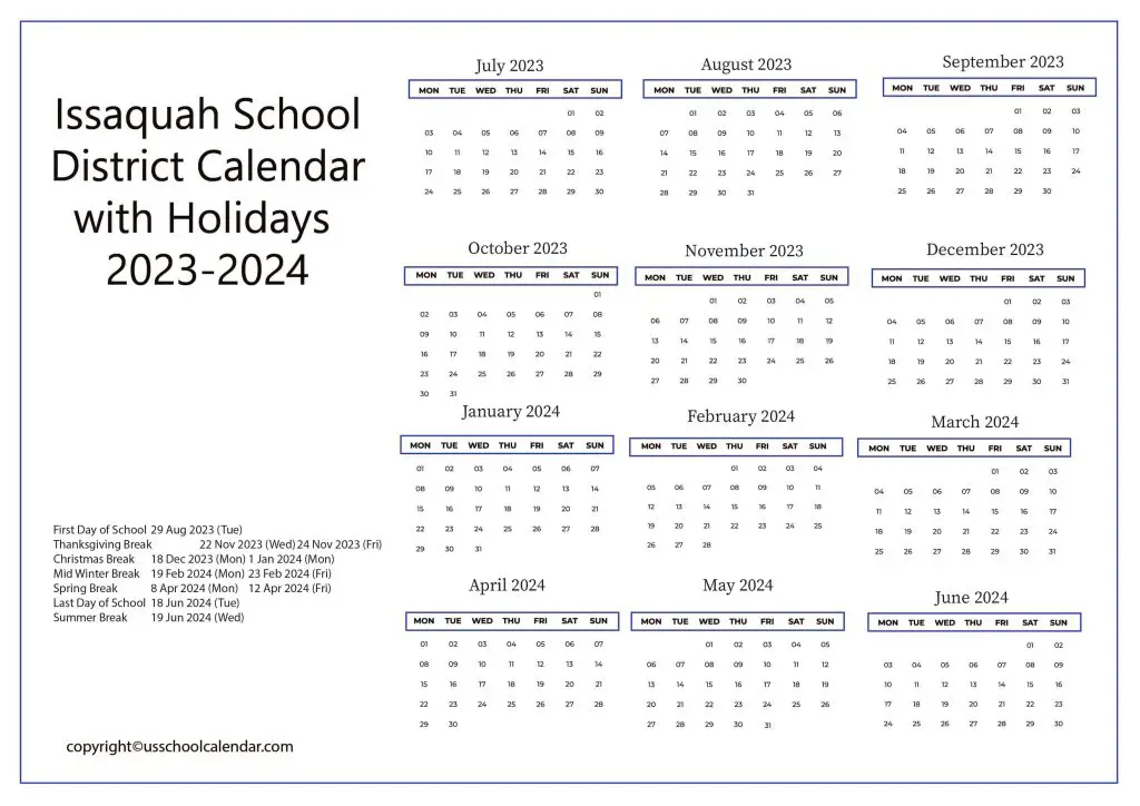 Issaquah School District Calendar