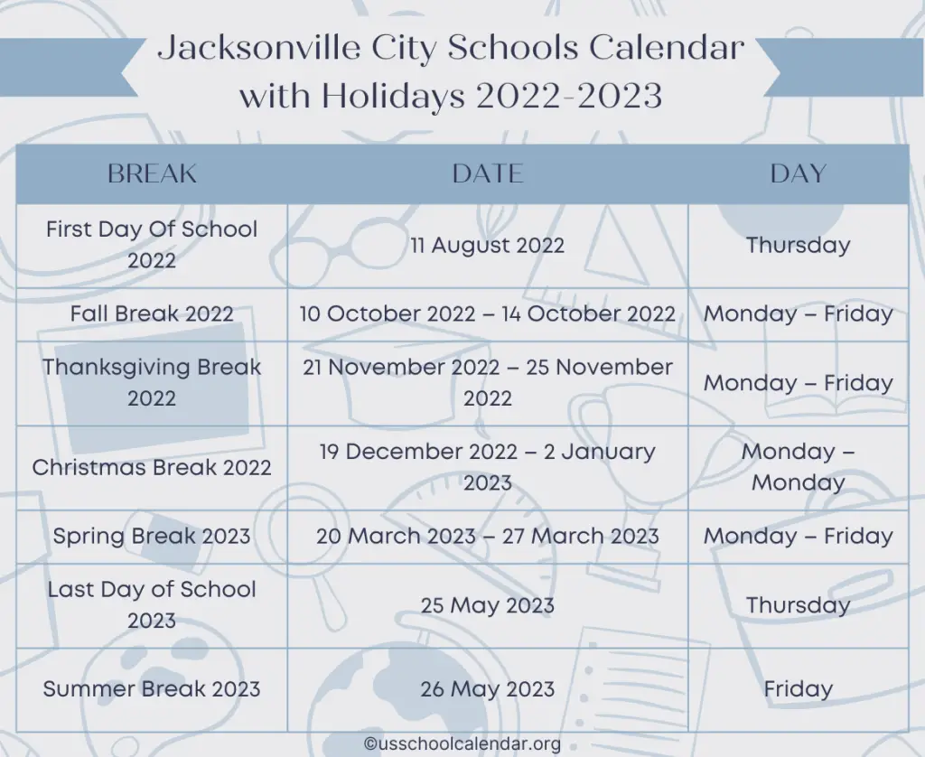 Jacksonville City Schools Calendar with Holidays 2022-2023