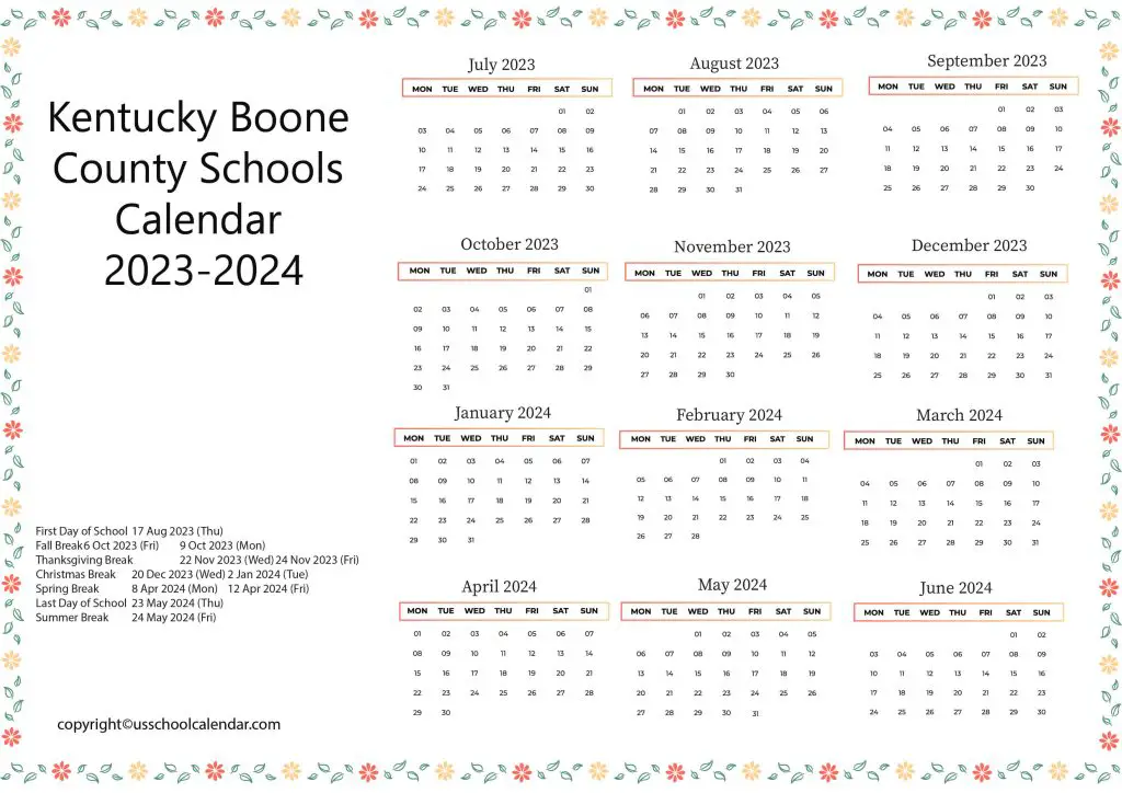 Kentucky Boone County Schools Calendar