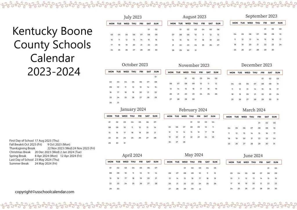 Kentucky Boone Schools Academic Year Calendar