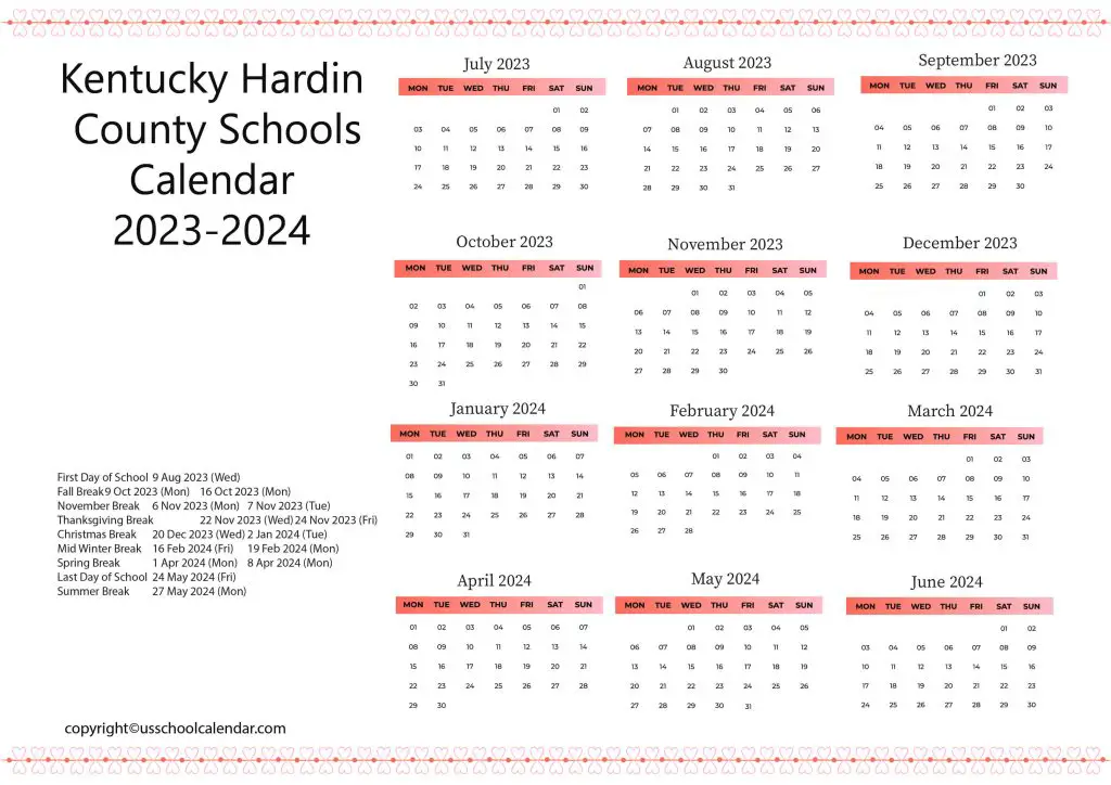 Kentucky Hardin County Schools District Calendar