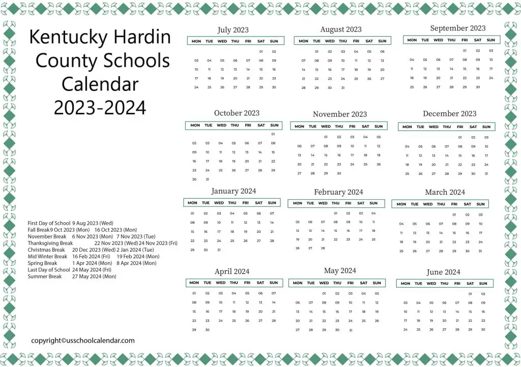 Kentucky Hardin County Schools Holiday Calendar