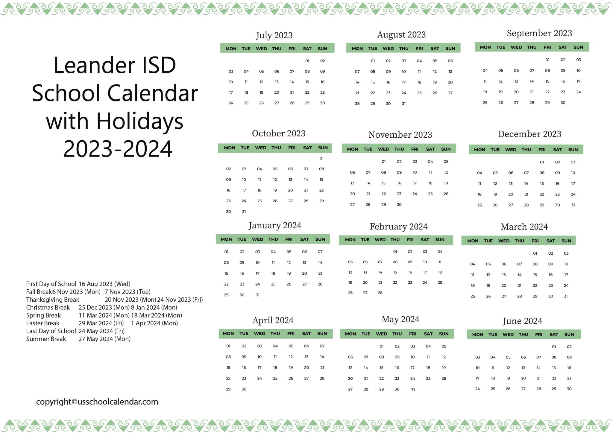 Leander ISD Academic Calendar US School Calendar