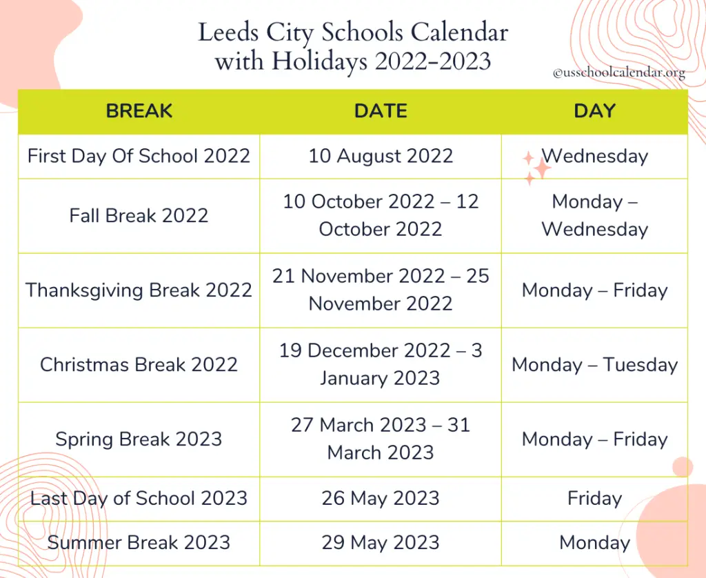 Leeds City Schools Calendar with Holidays 2022-2023