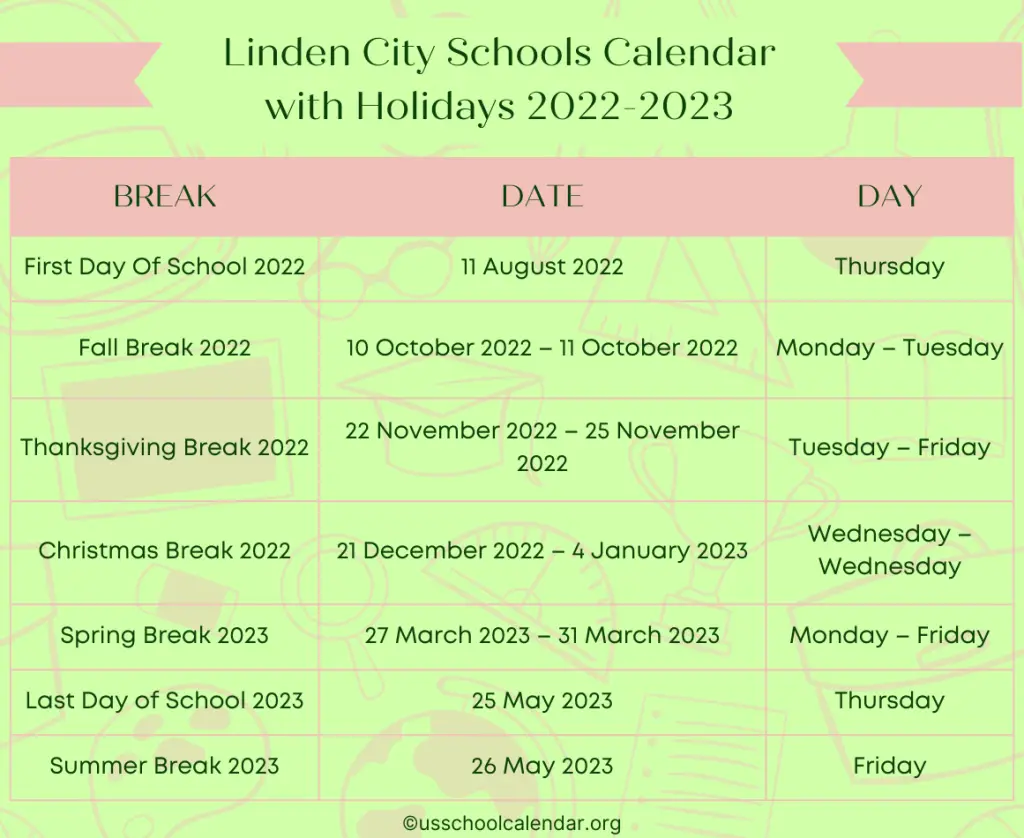 Linden City Schools Calendar with Holidays 2022-2023