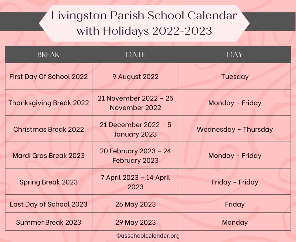 Livingston Parish School Calendar with Holidays 2022-2023