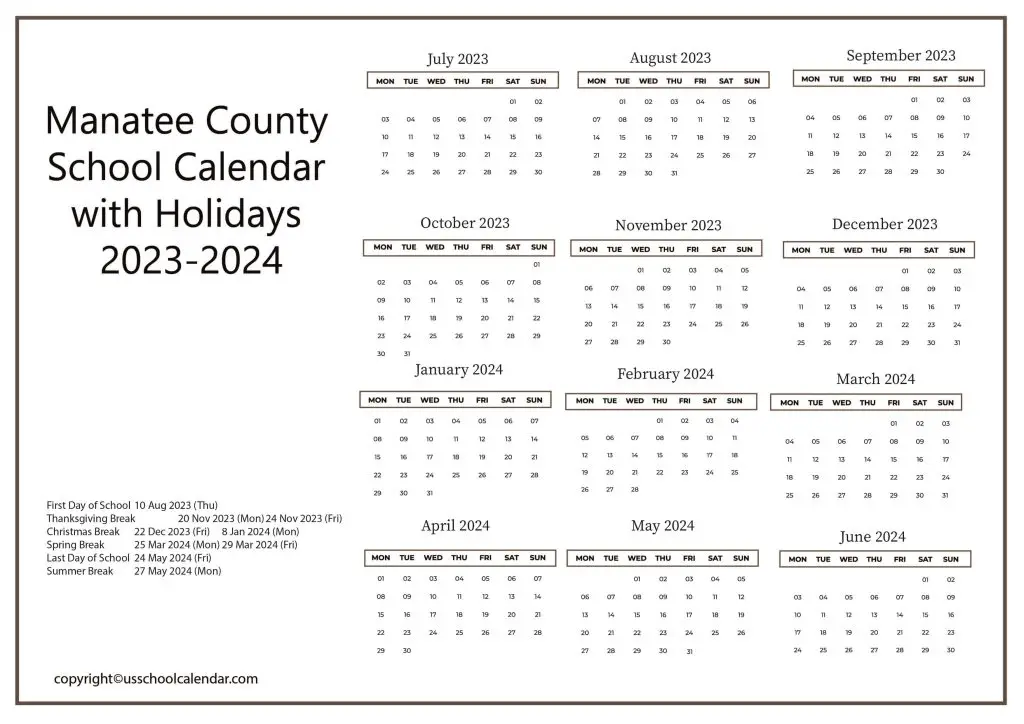 Manatee County School Calendar