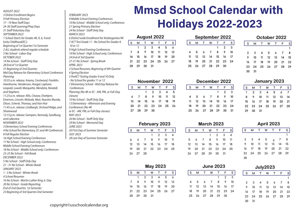 Mmsd School Calendar with Holidays 2022-2023 2