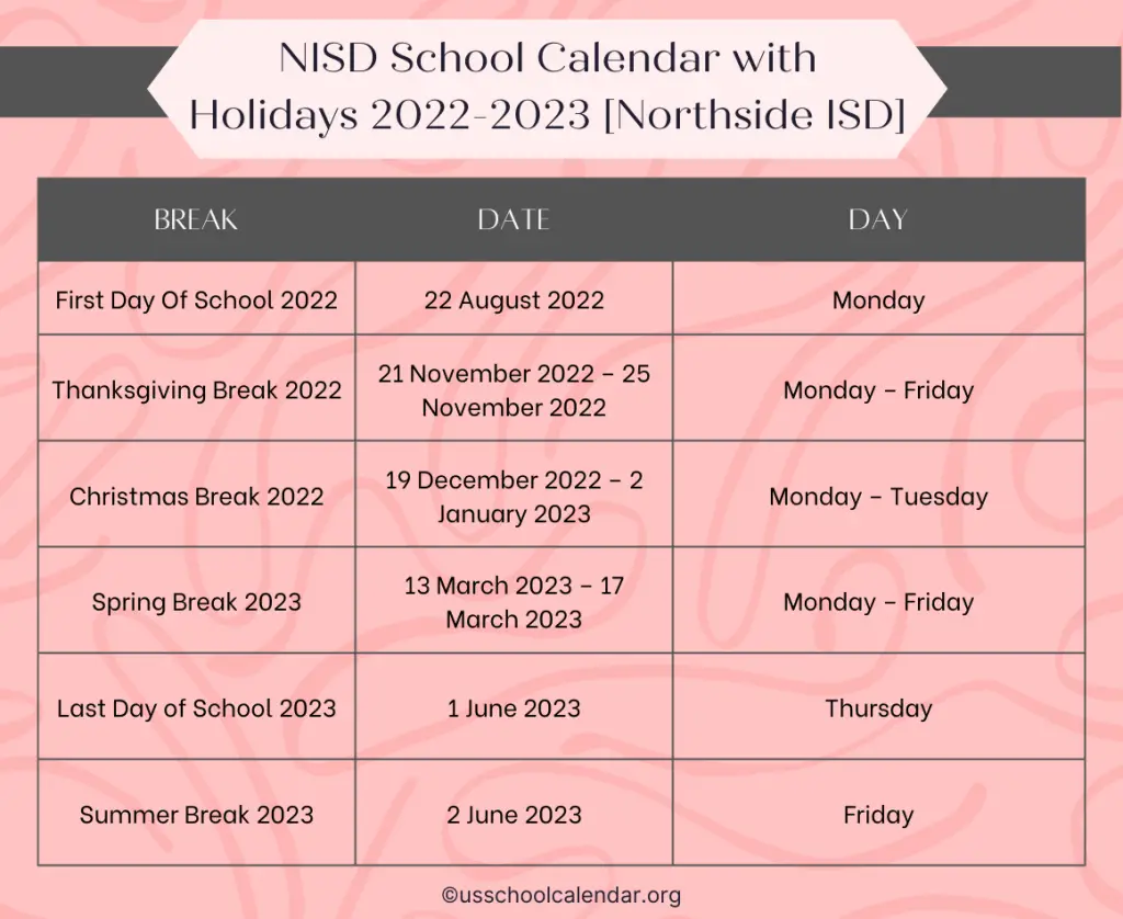 NISD School Calendar with Holidays 2022-2023 [Northside ISD]